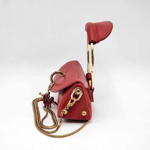 Micro Mini Red Gold Circle Handle Crossbody Bag - Picture 3 of 10